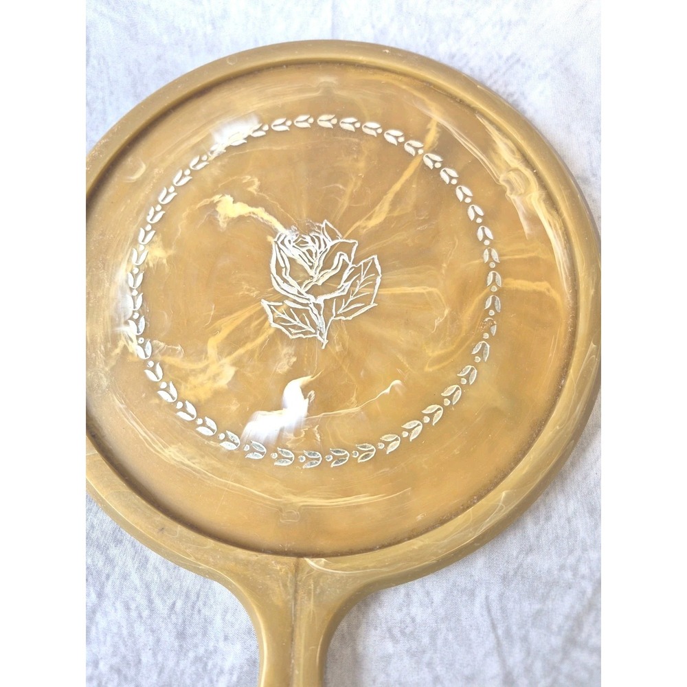 Vintage Large Hand Held Vanity Mirror with Floral Design 1950s Gold Tan - Picture 4 of 13